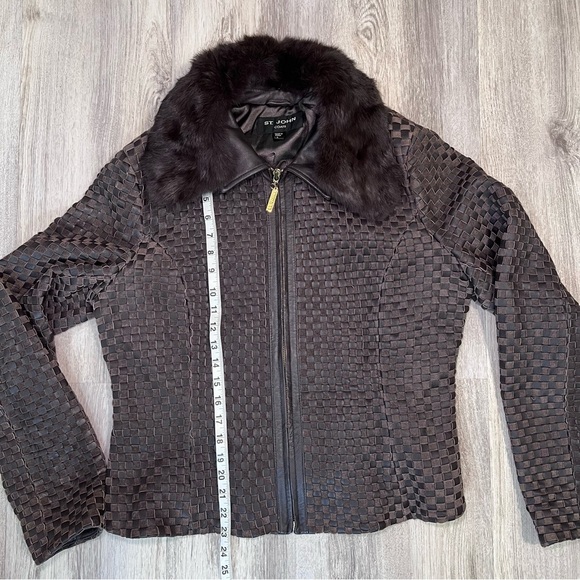 ST. JOHN - WOVEN LEATHER JACKET - WITH REMOVABLE RABBIT FUR COLLAR- WOMENS LARGE - Picture 10 of 15